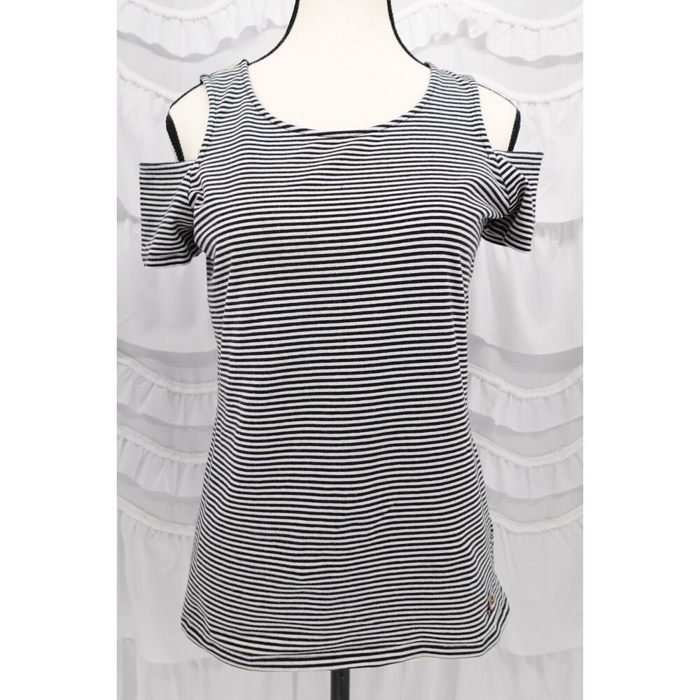 Michael Kors Women's Cold Shoulder Black & White MK Medallion At Hem Shirt SZ M